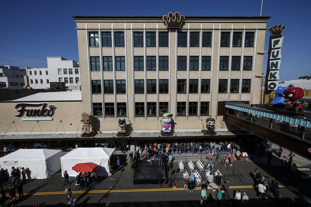 The Funko building is seen on Wetmore Avenue in Everett during the company’s grand opening on Saturday. (Ian Terry / The Herald)
