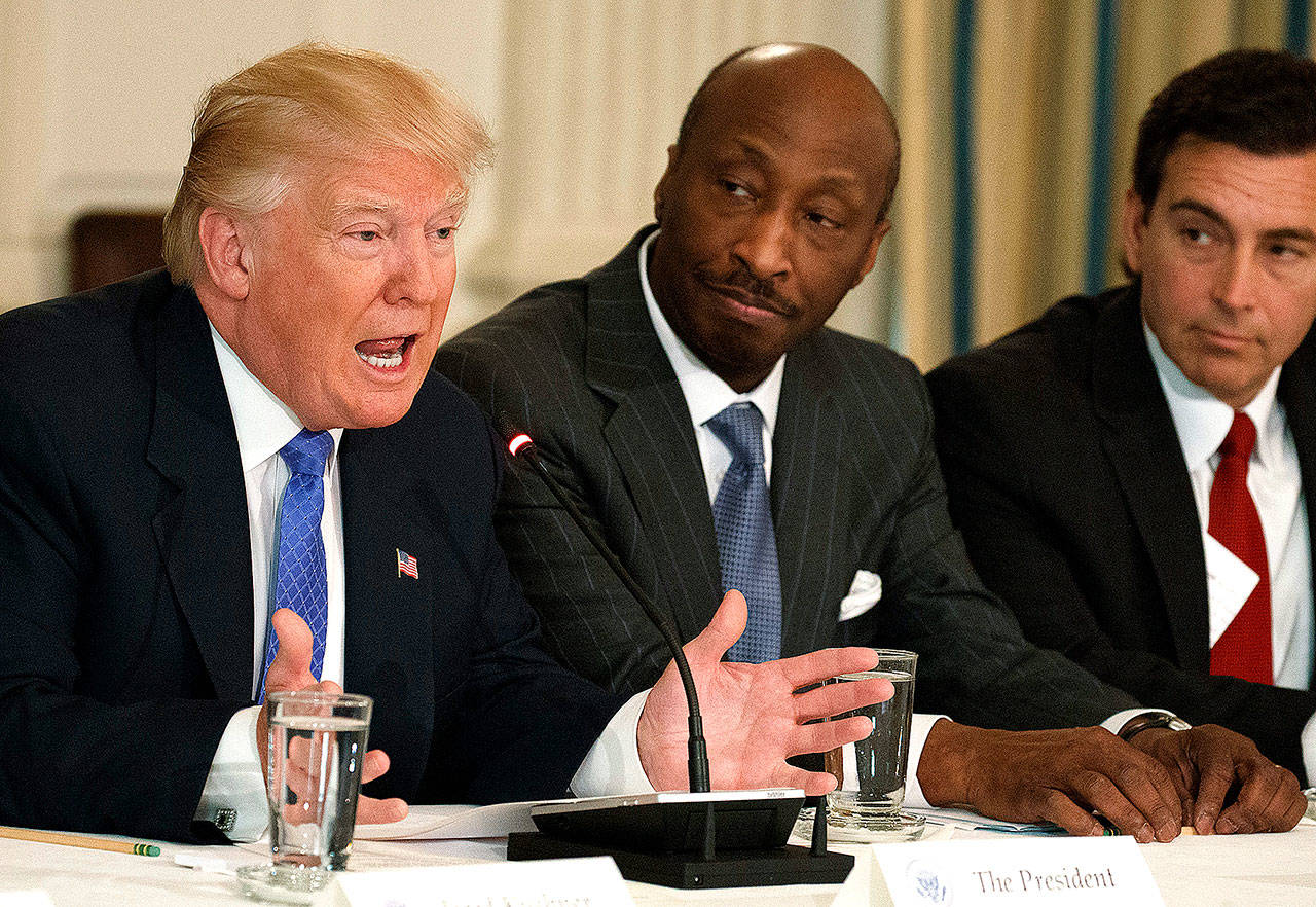 President Donald Trump speaks during a meeting with manufacturing executives at the White House in February, including Merck CEO Kenneth Frazier (center), and Ford CEO Mark Fields. (AP Photo/Evan Vucci, File)