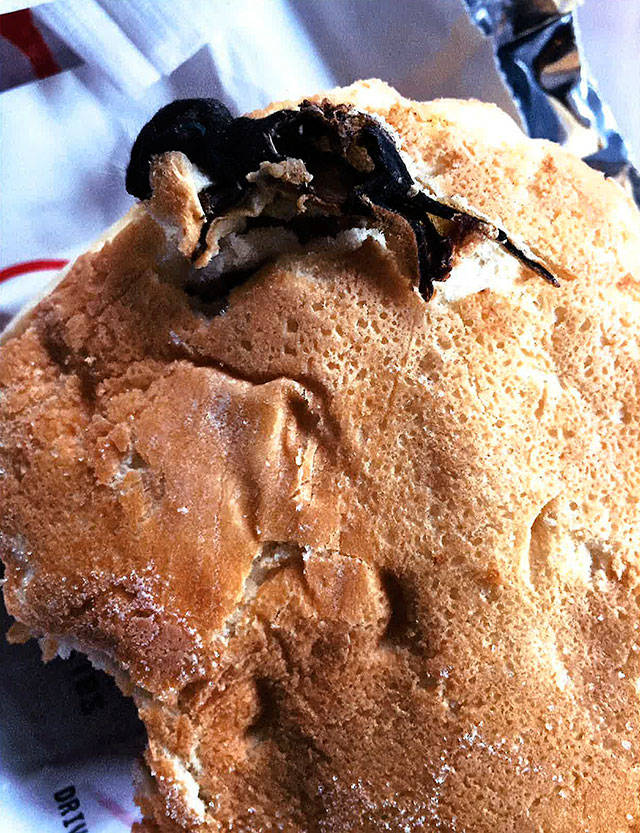 This photo shows the remains of a rodent Ellen Manfalouti alleges she found baked into the bun of a chicken sandwich purchased in Langhorne, Pennsylvania. (Ellen Manfalouti)