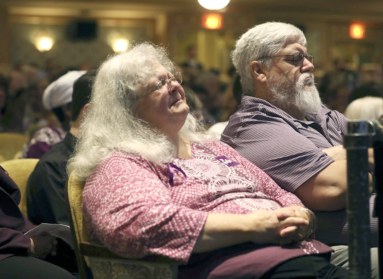 Susan Bro, mother to Heather Heyer, becomes emotional during a memorial for her daughter on Wednesday at the Paramount Theater in Charlottesville, Virgina. (Andrew Shurtleff/The Daily Progress via AP, Pool)