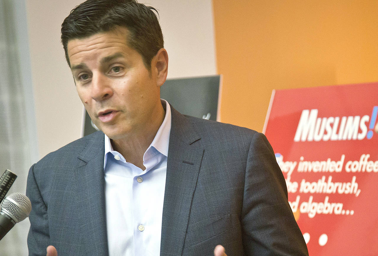 In this 2015 photo, Muslim comedian Dean Obeidallah speaks at a news conference in New York. (AP Photo/Bebeto Matthews, File)