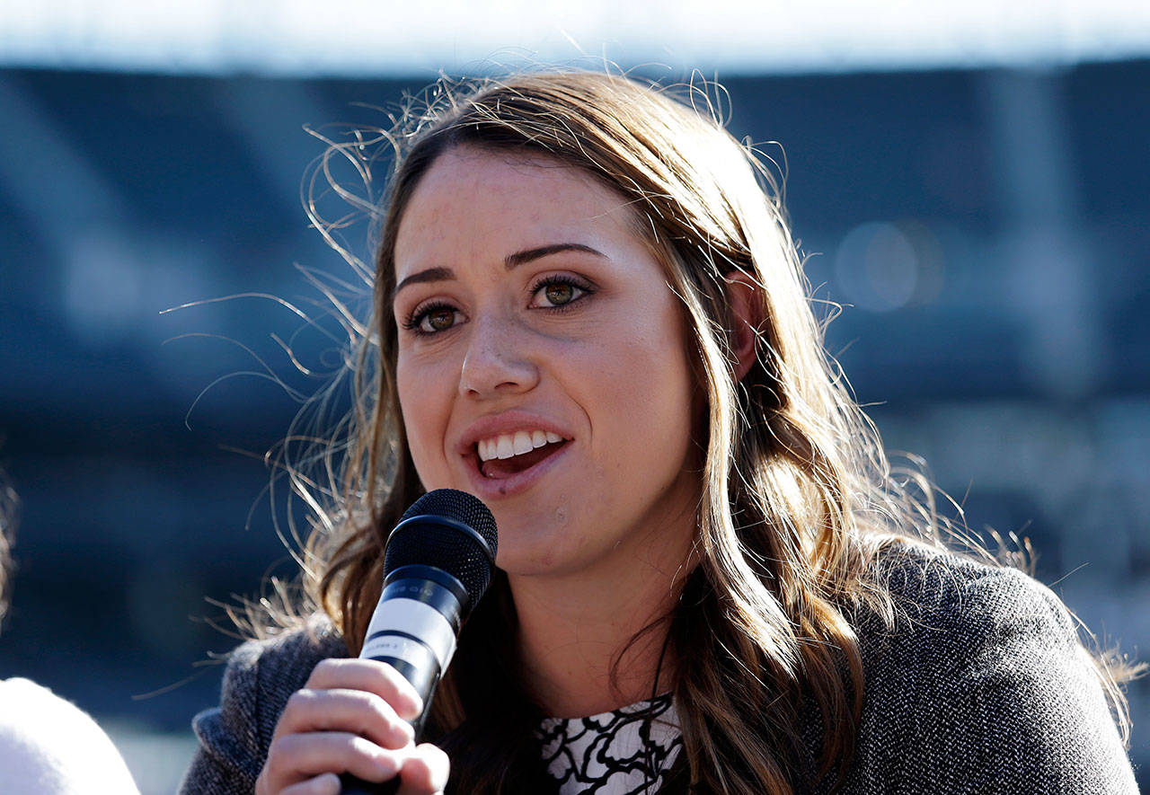 Mariners scout Amanda Hopkins talks on a panel on women in baseball before a baseball game between Seattle and Baltimore on Aug. 15, 2017, in Seattle. (AP Photo/Elaine Thompson)