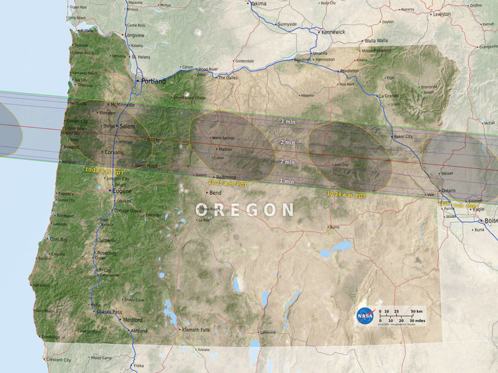 The path of Monday’s eclipse across Oregon. (NASA) 
