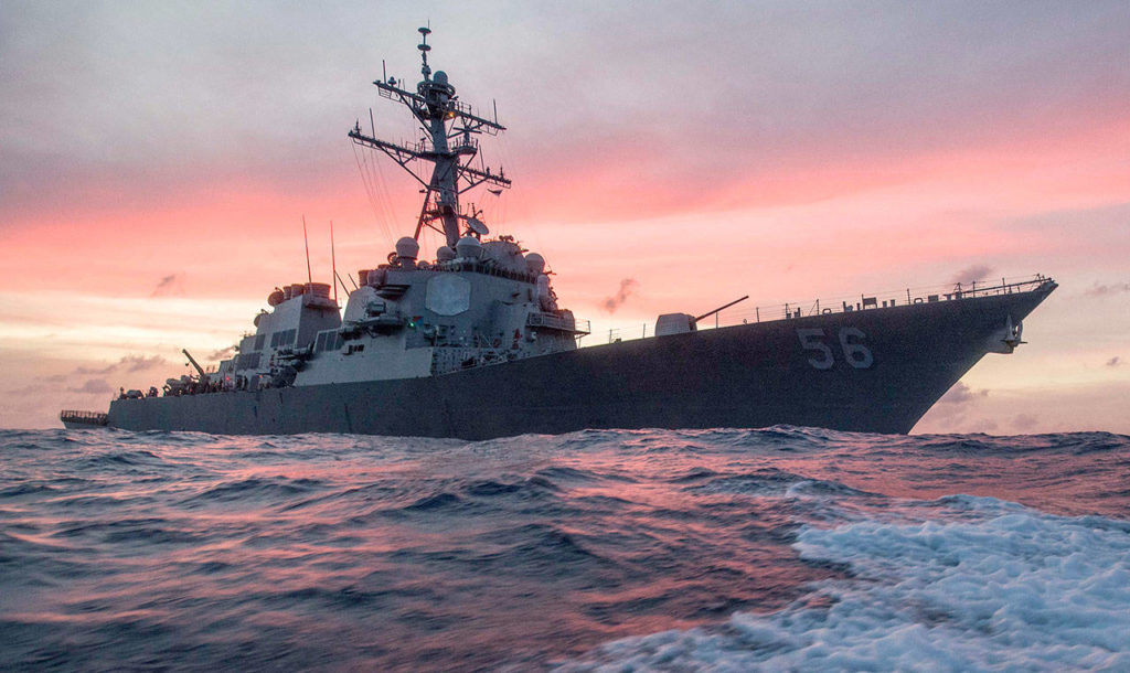 The USS John S. McCain conducts a patrol in the South China Sea In January. The guided-missile destroyer collided with a merchant ship Monday in waters east of Singapore and the Straits of Malacca. (James Vazquez/U.S. Navy via AP)
