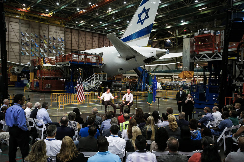 House Speaker Paul Ryan (left) and Boeing CEO Dennis Muilenburg at the town hall on Thursday in Boeing’s Everett factory. (Ian Terry / The Herald)
