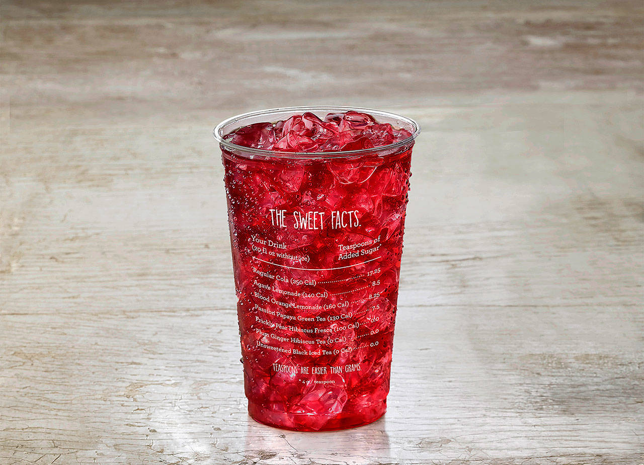 A new 20-ounce cup lists the amount of added sugar and calories in seven of the restaurant’s drinks. (Panera Bread)