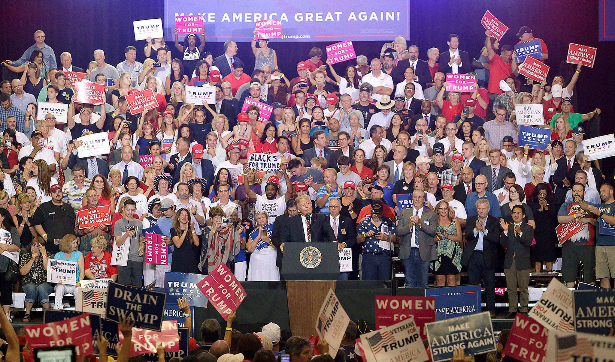 President Donald Trump speaks at a rally at the Phoenix Convention Center on Tuesday in Phoenix. (AP Photo/Rick Scuteri)