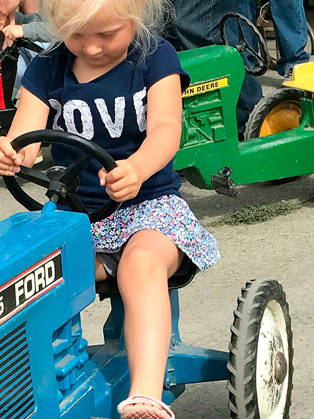Gale Fiege / The Herald                                Paige Snitily, 3, of Edmonds, tries out the pedal tractors set out by the Sky Valley Tractor Club at the fair.