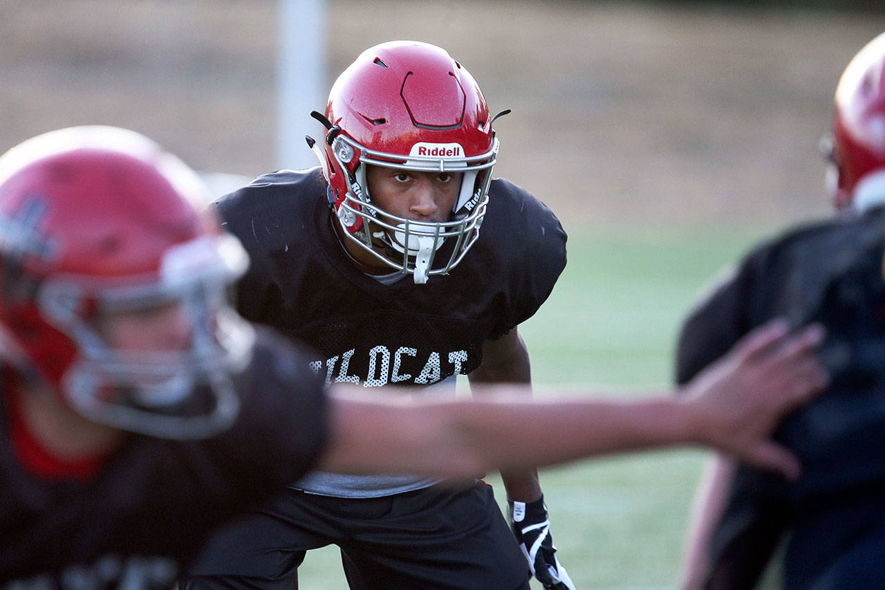Archbishop Murphy’s Kyler Gordon practices with the team on Aug. 25, 2017, at Archbishop Murphy High School in Everett. (Kevin Clark / The Herald)