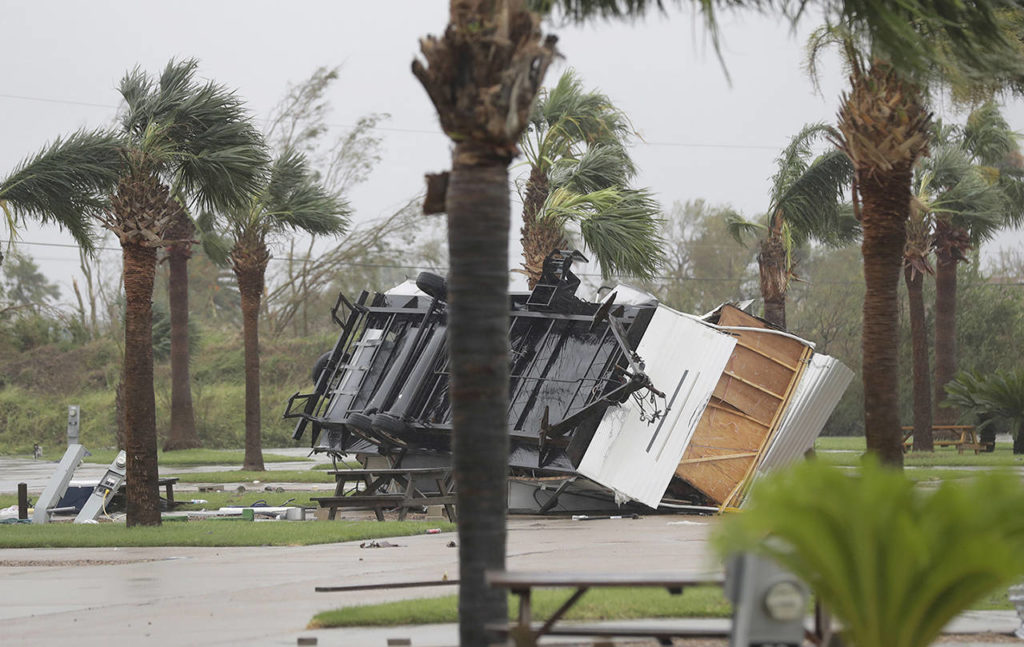 An overturned trailer sits in a park in the wake of Hurricane Harvey on Saturday in Aransas Pass, Texas. (AP Photo/Eric Gay)
