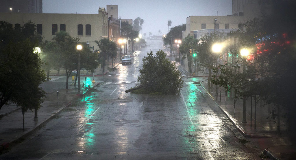 A tree blocks a street as Hurricane Harvey makes landfall in Corpus Christi, Texas, on Friday. (Nick Wagner /Austin American-Statesman via AP)
