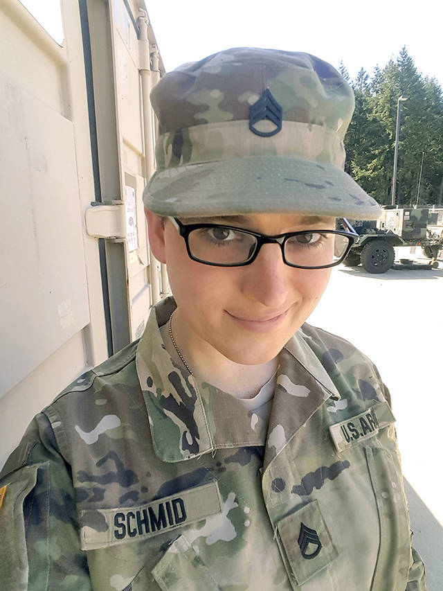 This July 12 photo shows Staff Sgt. Cathrine Schmid at Joint Base Lewis-McChord near Tacoma. (Cathrine Schmid via AP)