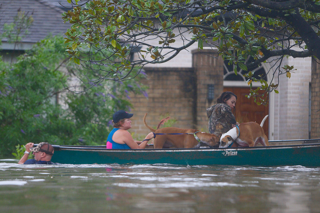 A family evacuates their Meyerland home in Houston on Sunday. Rescuers answered hundreds of calls for help Sunday as floodwaters from the remnants of Hurricane Harvey rose high enough to begin filling second-story homes, and authorities urged stranded families to seek refuge on their rooftops. (Mark Mulligan / Houston Chronicle)