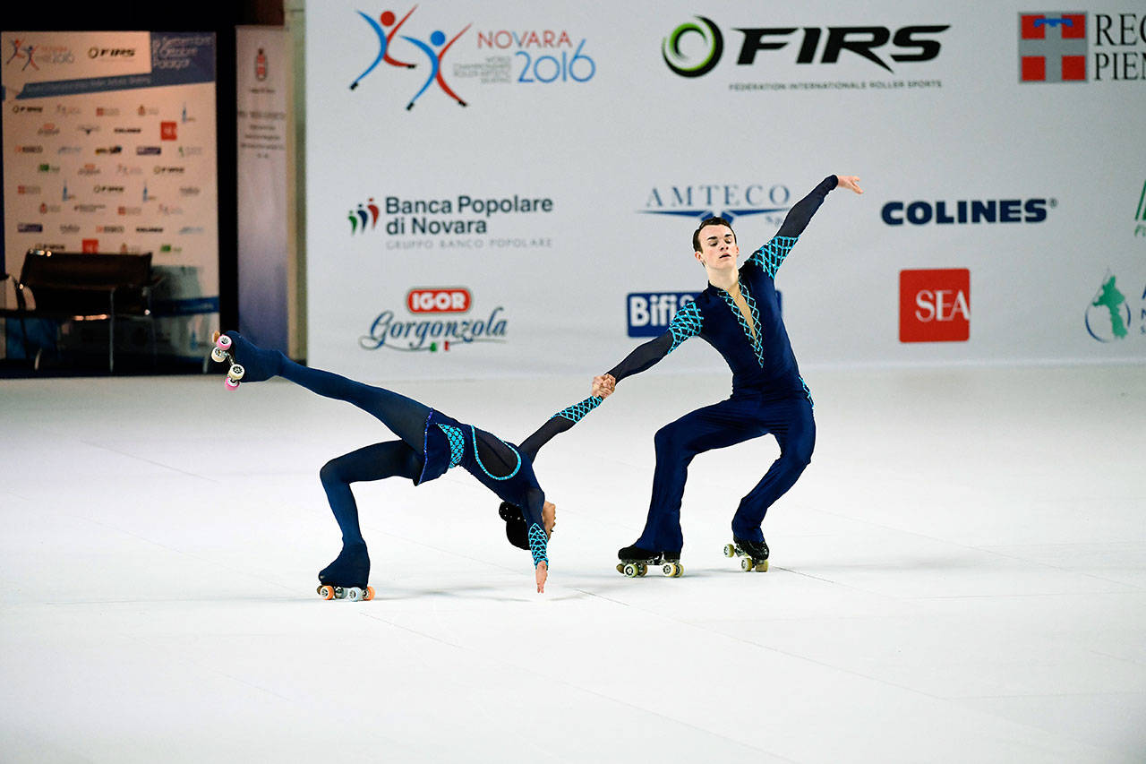 Esha Harwalkar (left) and Lynnwood native Keaton Mitchell perform at the 2016 World Roller Games in Novara, Italy. The duo, which competes for the Lynnwood Expressions club, hopes to bring home a medal from the 2017 worlds, which begin this weekend in Nanjing, China. (Lynnwood Expressions photo)