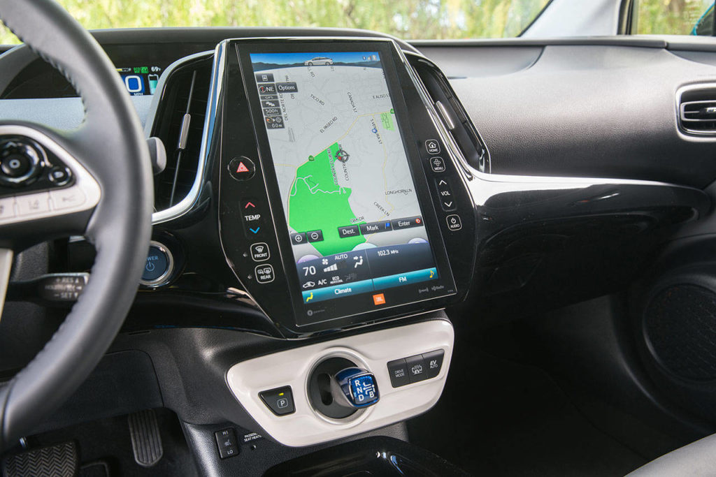 An 11.6-inch touchscreen in the 2017 Toyota Prius Prime Advanced includes various display screens for audio, eco and multimedia systems. (Manufacturer photo)
