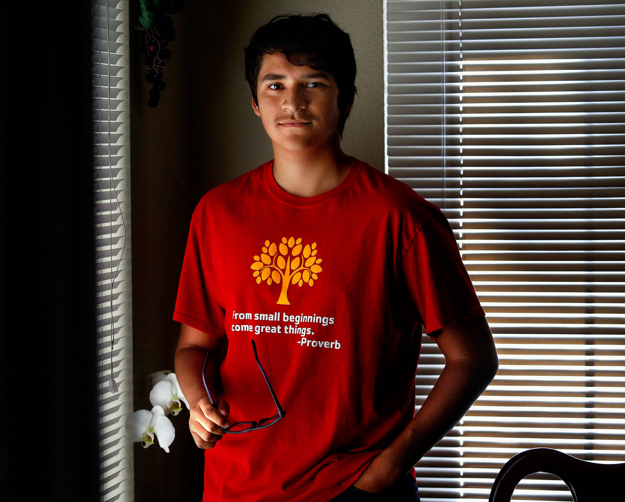 Herald Super Kid this week is Isrrael “Izzy” Munoz, a Cascade High School junior, Y volunteer and designer. Yep, he designed the shirt. (Dan Bates / The Herald)