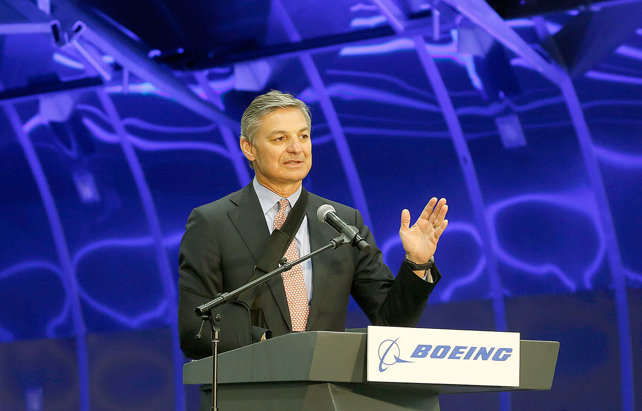 Ray Conner, vice chairman of the Boeing Co. and president and chief executive officer of Boeing Commercial Airplanes, speaks to employees in 2016 at a ceremony for the new Composite Wing Center building in Everett. On Thursday, Conner received the Aerospace Futures Alliance’s inaugural Titan of Industry Award. (Andy Bronson / Herald file)