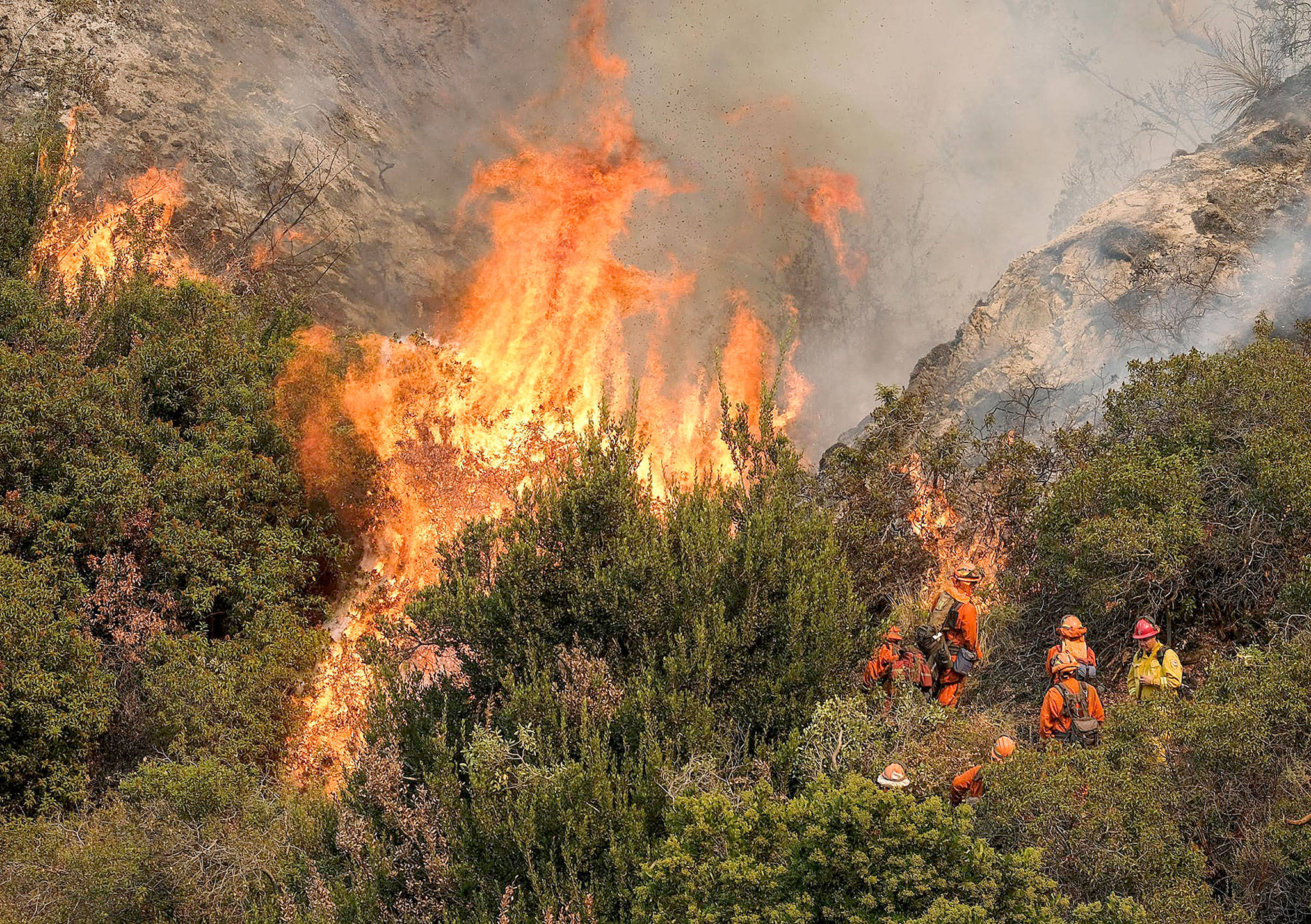 A Cal Fire crew battles a brushfire on the hillside in Burbank, California, on Saturday. Several hundred firefighters worked to contain the blaze that chewed through brush-covered hills, prompting evacuation orders for homes in Los Angeles, Burbank and Glendale. (AP Photo/Ringo Chiu)