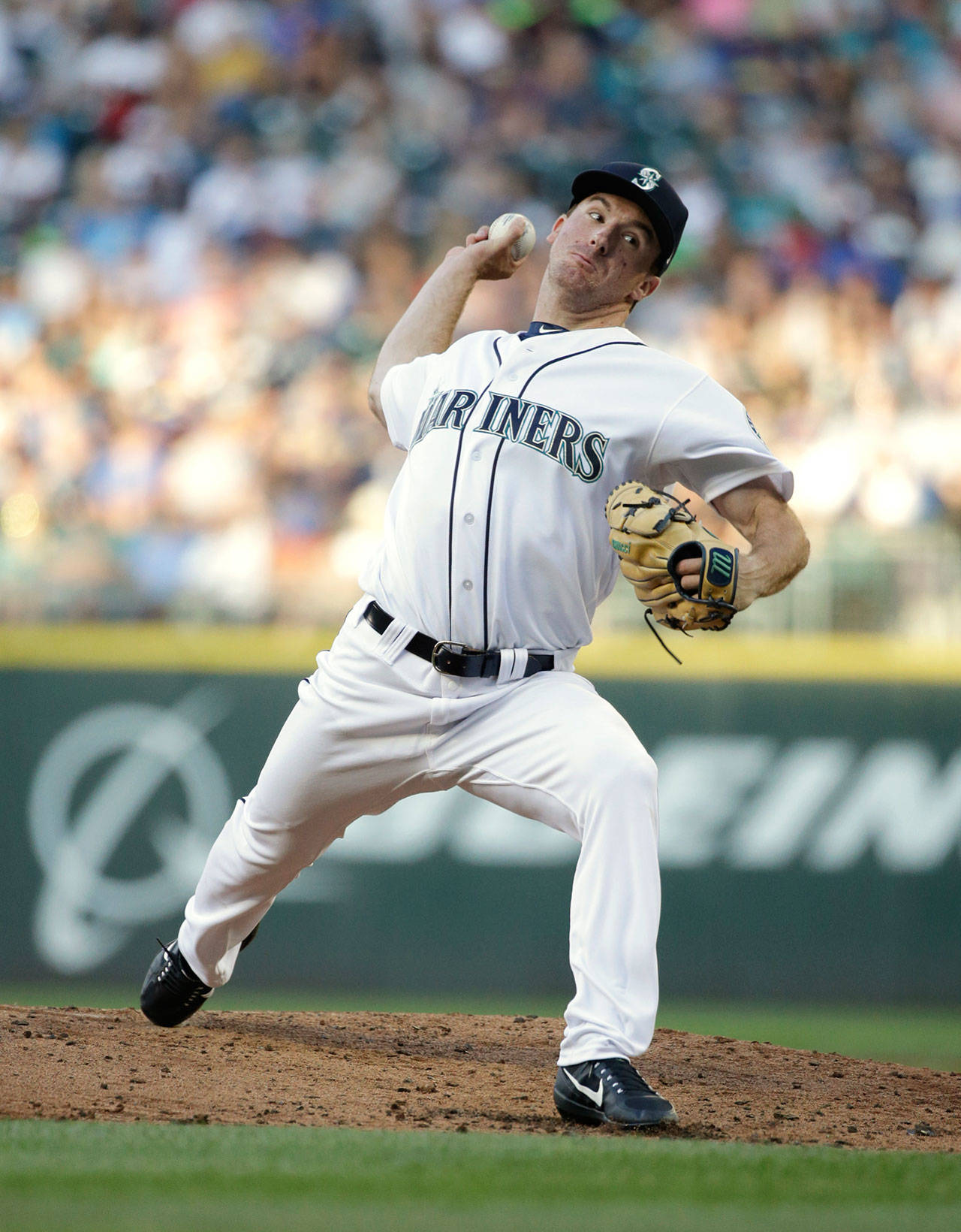 Mariners starting pitcher Andrew Moore works against the Athletics during a game July 8, 2017, in Seattle. (AP Photo/John Froschauer)