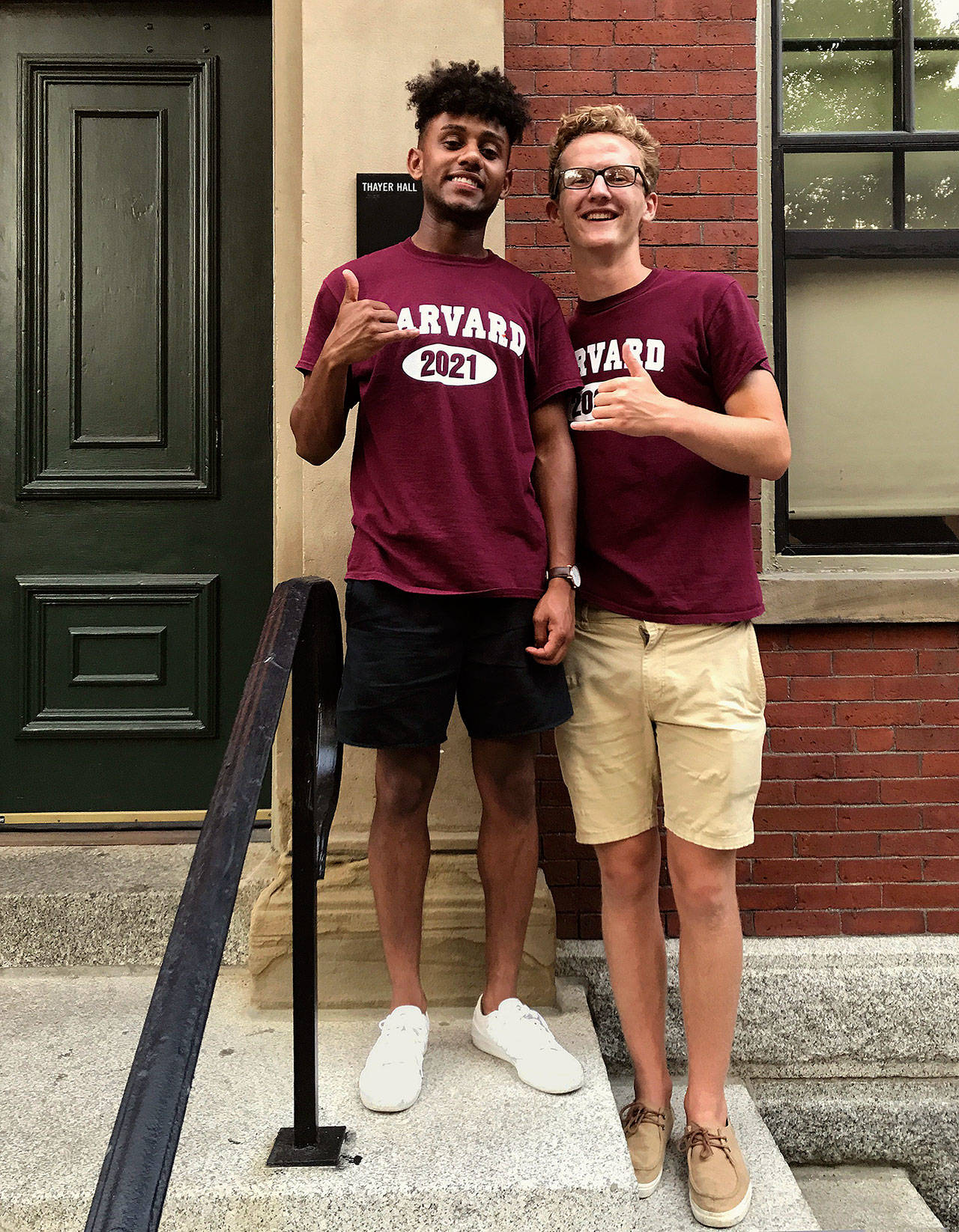 Monroe’s Ethan Medlin (right) and his roommate, Sahil Lauji, of Atlanta, take time for a picture outside Thayer Hall, a freshman dormitory at Harvard University. Medlin, whose family was homeless for a time, has a full-ride scholarship at Harvard. (Courtesy of Ethan Medlin)