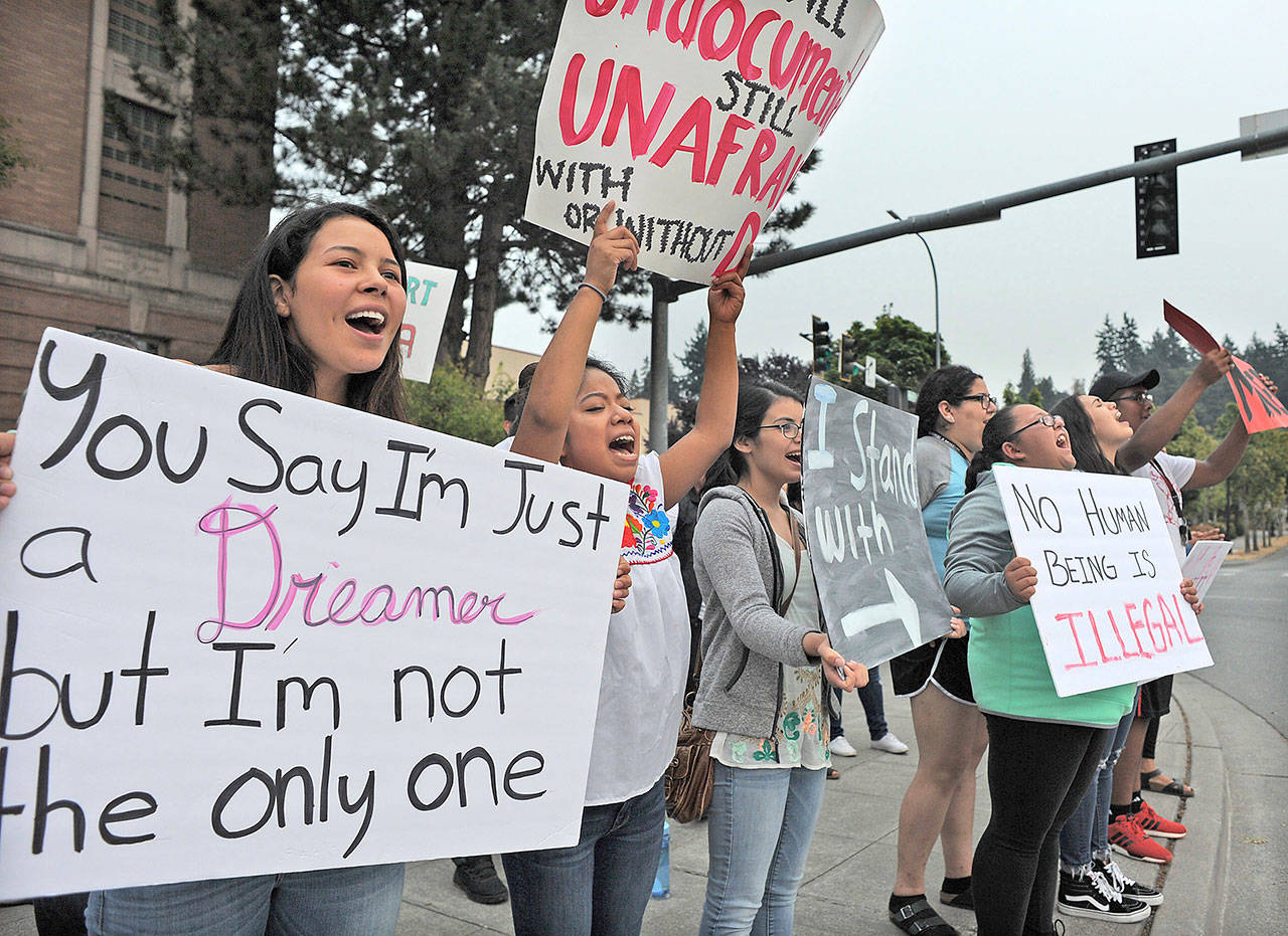 Students and supporters gather Tuesday evening at the Skagit County Courthouse in Mount Vernon to protest President Trump’s decision to end the Deferred Action for Childhood Arrivals program. (Scott Terrell / Skagit Valley Herald)
