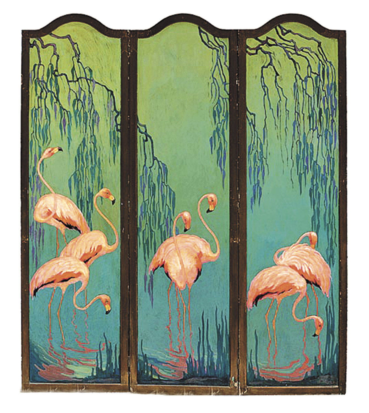 This screen, when opened, is 60 inches high and 69 inches wide. When completely closed, it is only 23 inches wide so it can be kept in a corner. The colorful flamingos helped the price reach $28,060. (Cowles Syndicate Inc.)