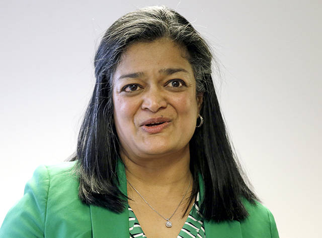 In this Jan. 17 photo, Rep. Pramila Jayapal, D-Seattle, speaks at the official opening of her Seattle district office. (AP Photo/Elaine Thompson)