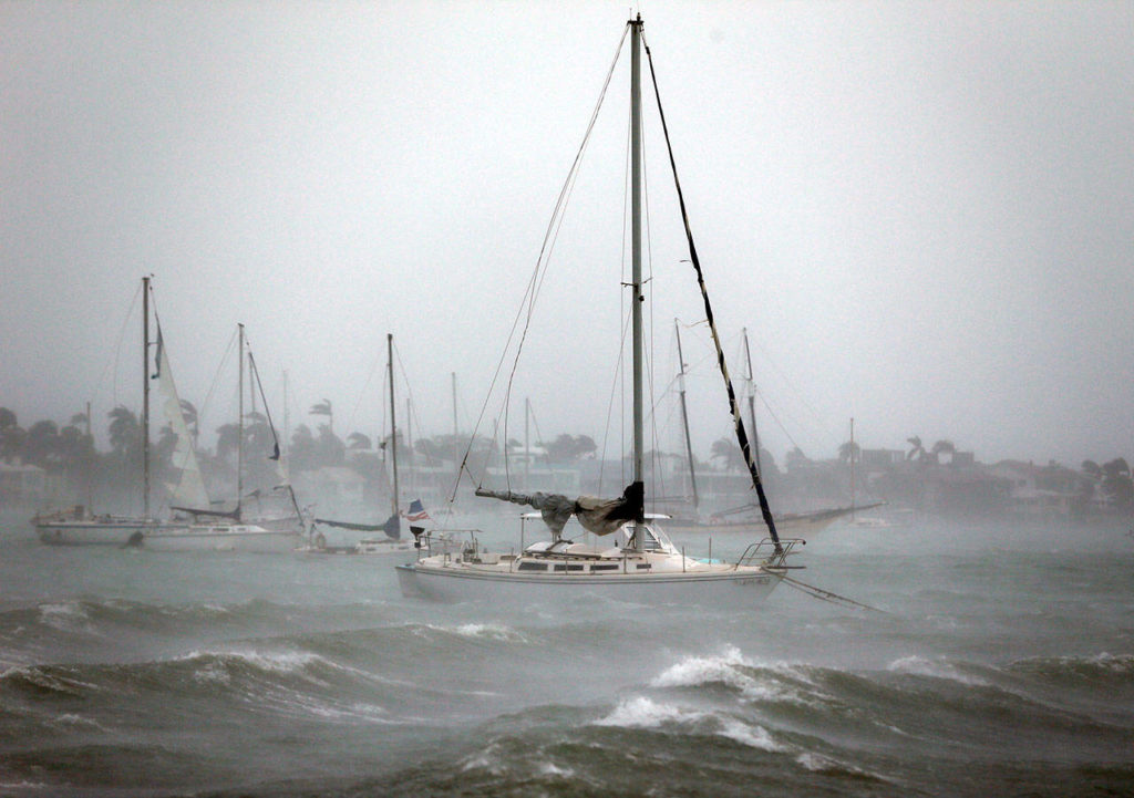 Sailboats moored near Watson Island ride out the winds and waves as Hurricane Irma passes by on Sunday in Miami Beach, Florida. (AP Photo/Wilfredo Lee)
