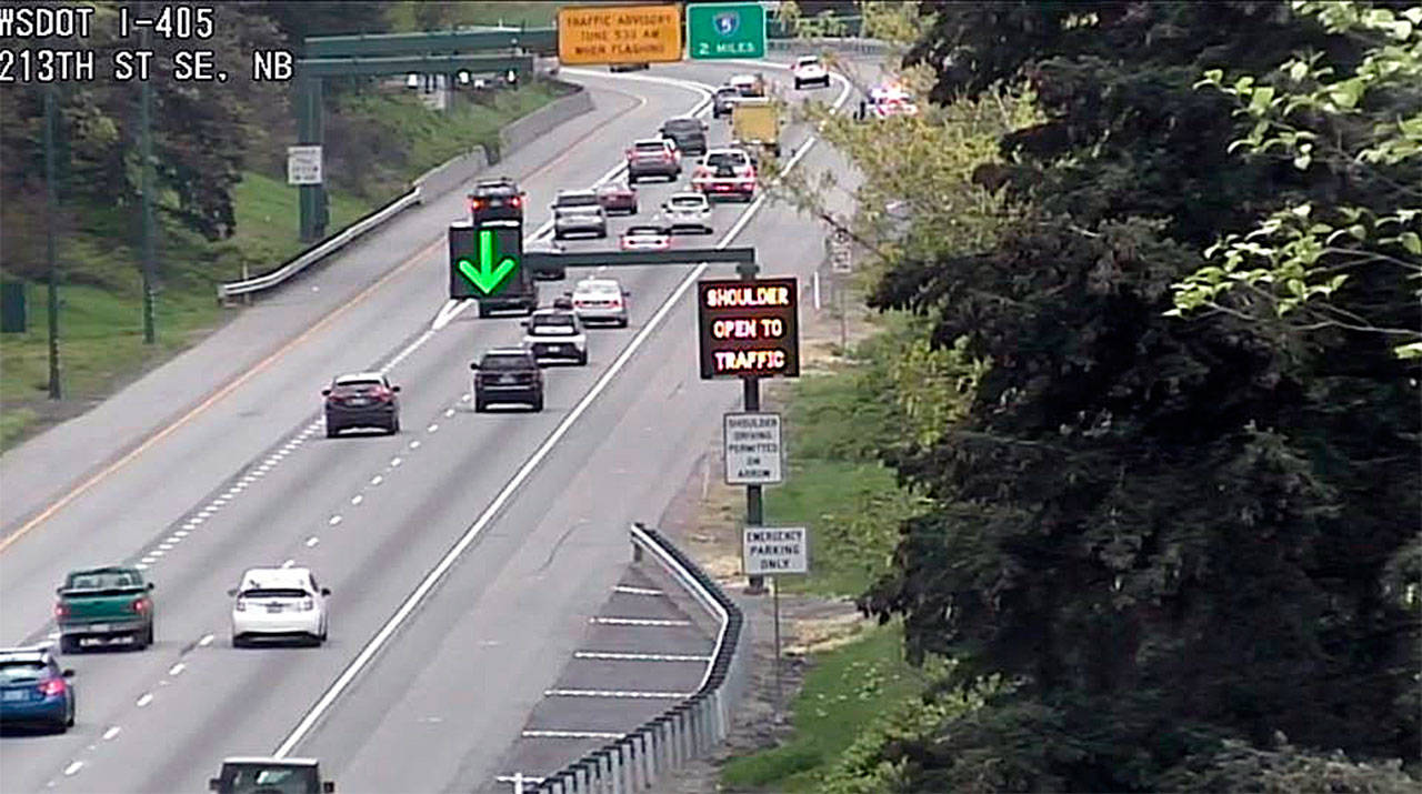 This screen capture from a Washington State Department of Transportation traffic camera shows the shoulder lane open for the evening commute northbound I-405 through Canyon Park, soon after the shoulder lane first opened in April 2017. (WSDOT photo)