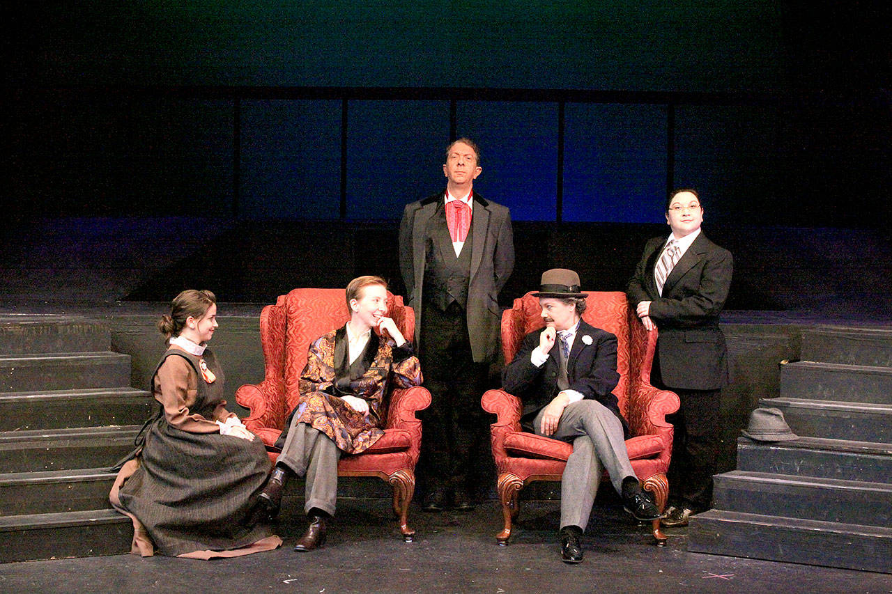The Edmonds Driftwood Players cast of “Baskerville: A Sherlock Holmes Mystery” poses on the Wade James Theatre stage. From left are actors Elex Hill, Pepper Hambrick, Robert Barnett, Brynne Garman and Ingrid Sanai Buron. The run of the Ken Ludwig play continues through Sept. 24. Courtesy Edmonds Driftwood Players