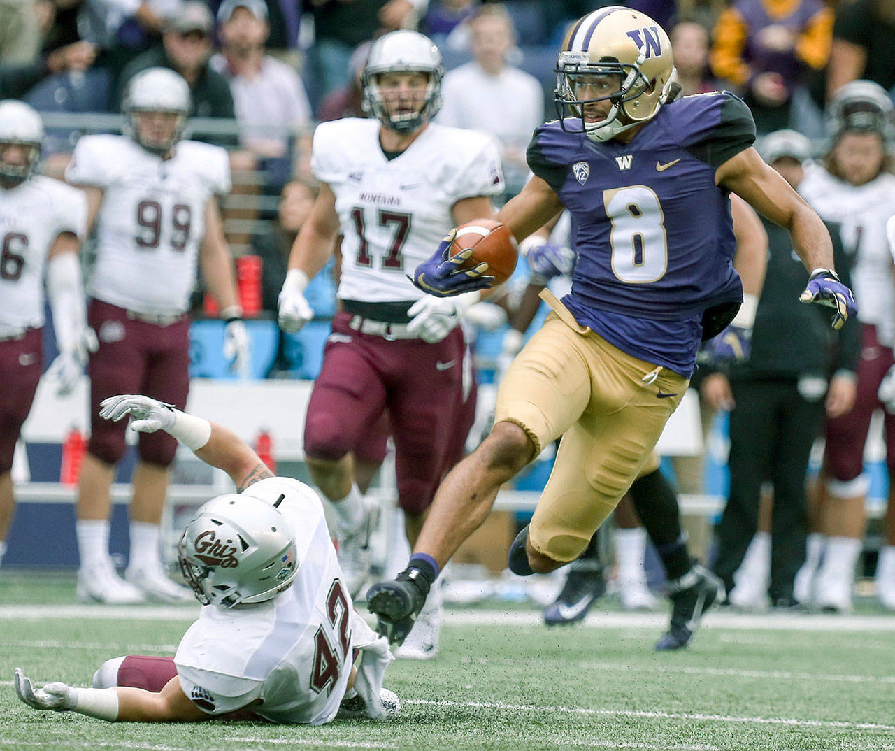 Washington’s Dante Pettis returns a punt for a 67-yard touchdown as Montana’s Josh Buss (42) falls to the turf during the Huskies’ 63-7 win over the Grizzlies on Saturday in Seattle. Pettis is one punt-return score away from tying the NCAA career record. (Kevin Clark/The Herald)