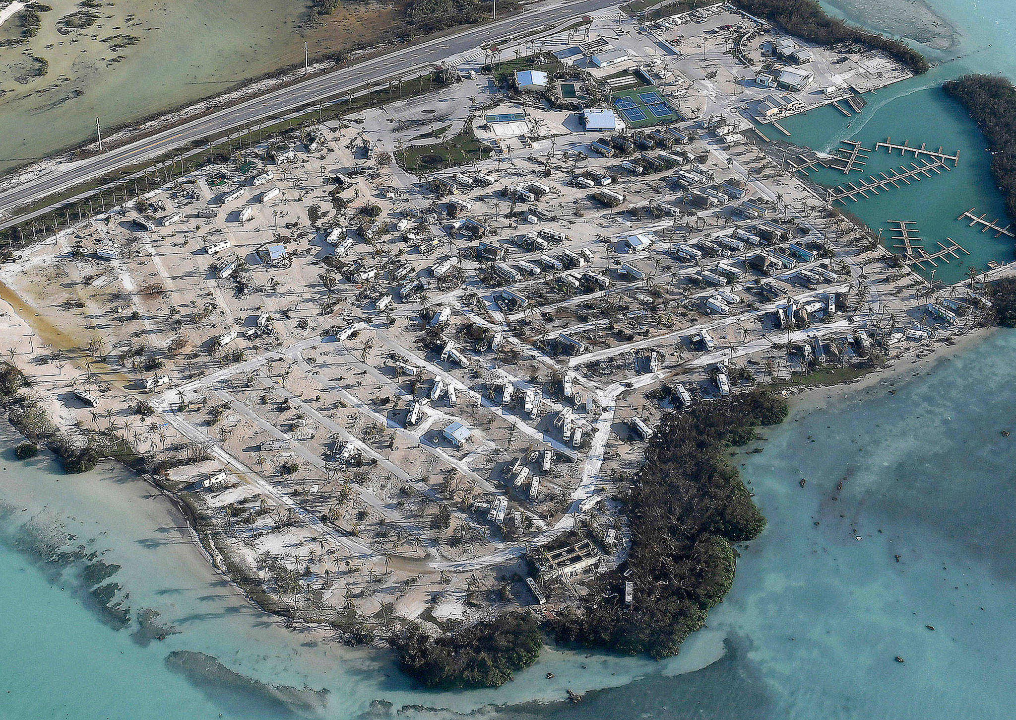 Overturned mobile homes in the aftermath of Hurricane Irma on Monday in the Florida Keys. (Matt McClain/The Washington Post via AP, Pool)