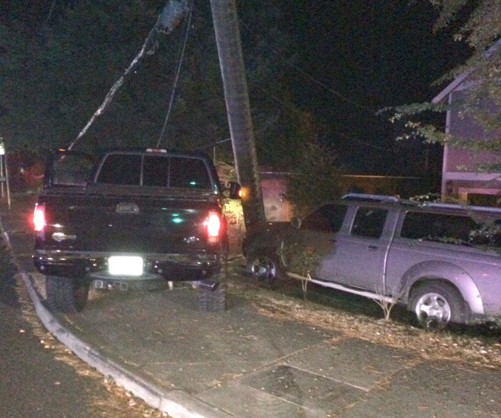 This truck eventually crashed into a power pole after the driver tried to elude police Tuesday. (Courtesy photo)
