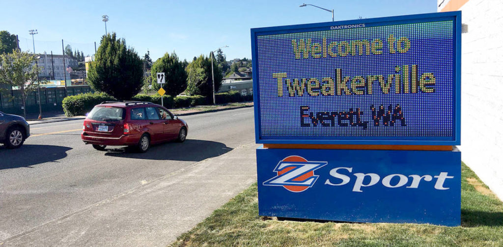 Everett business owner and mayoral write-in candidate Gary Watts started displaying a “Welcome to Tweakerville” message on his computerized reader board in July. (Jim Davis / Herald Business Journal, file)
