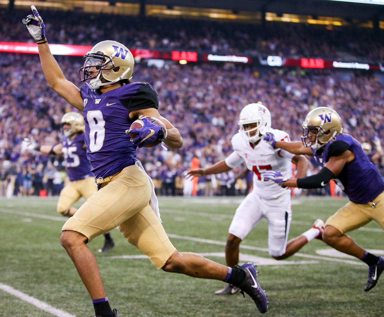 Washington’s Dante Pettis celebrates his punt return for a touchdown against Fresno State on Sept. 16, 2017, at Husky Stadium in Seattle. (Kevin Clark / The Herald)
