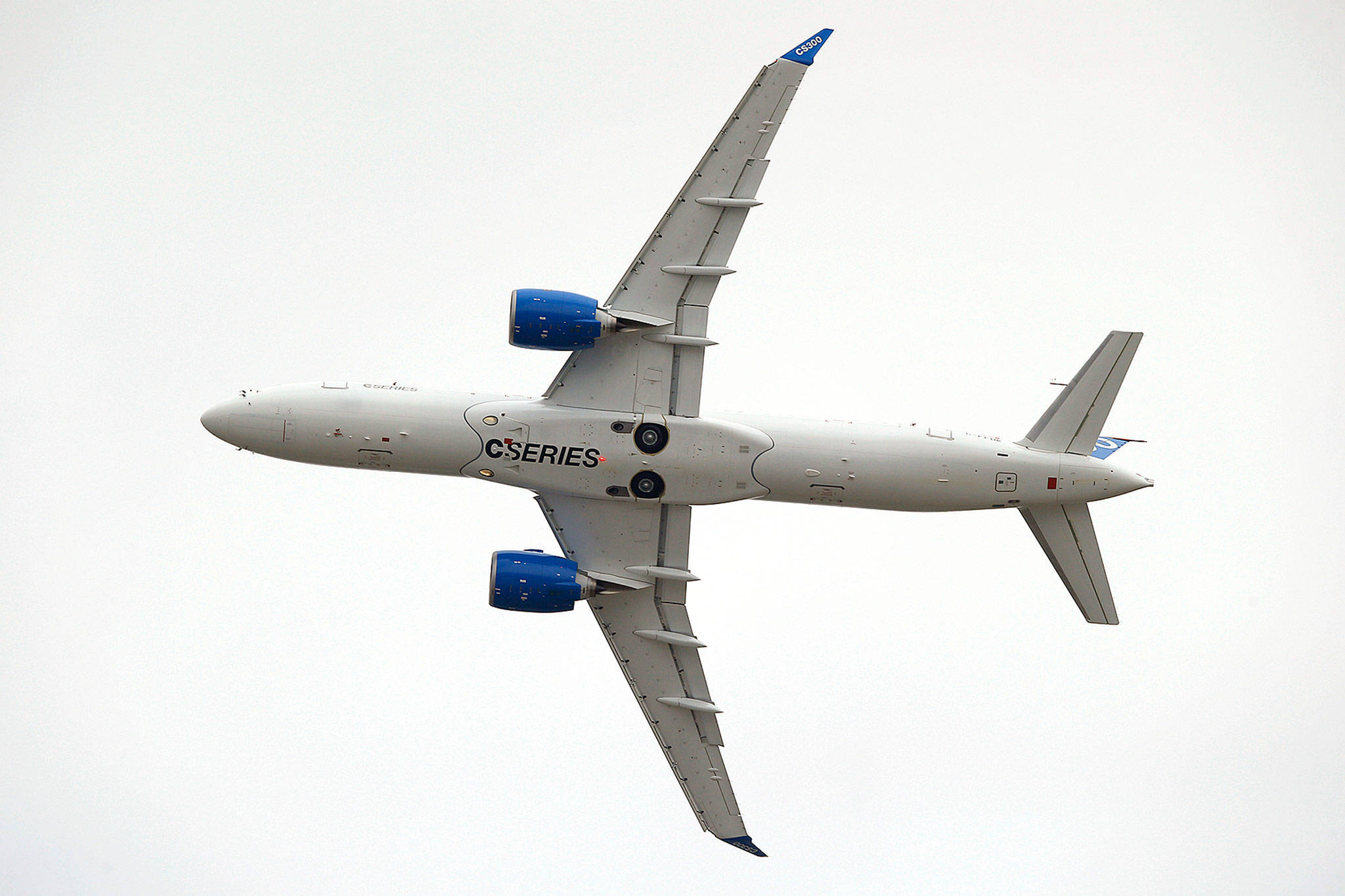 The Bombardier CS300 during a demonstration flight. (AP Photo/Francois Mori)