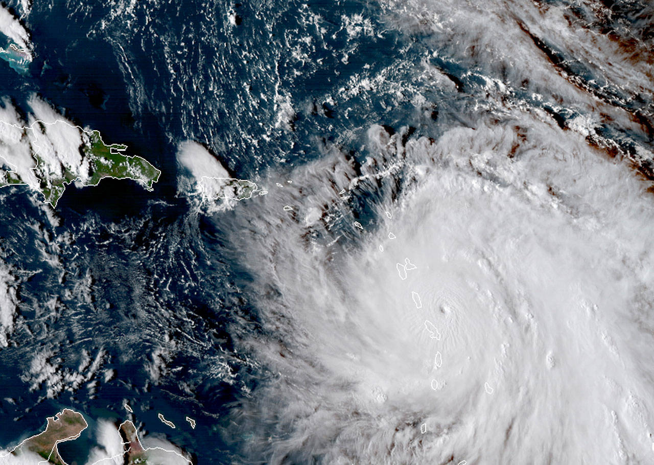 The eye of Hurricane Maria as it nears Dominica on Monday. (NASA via AP)