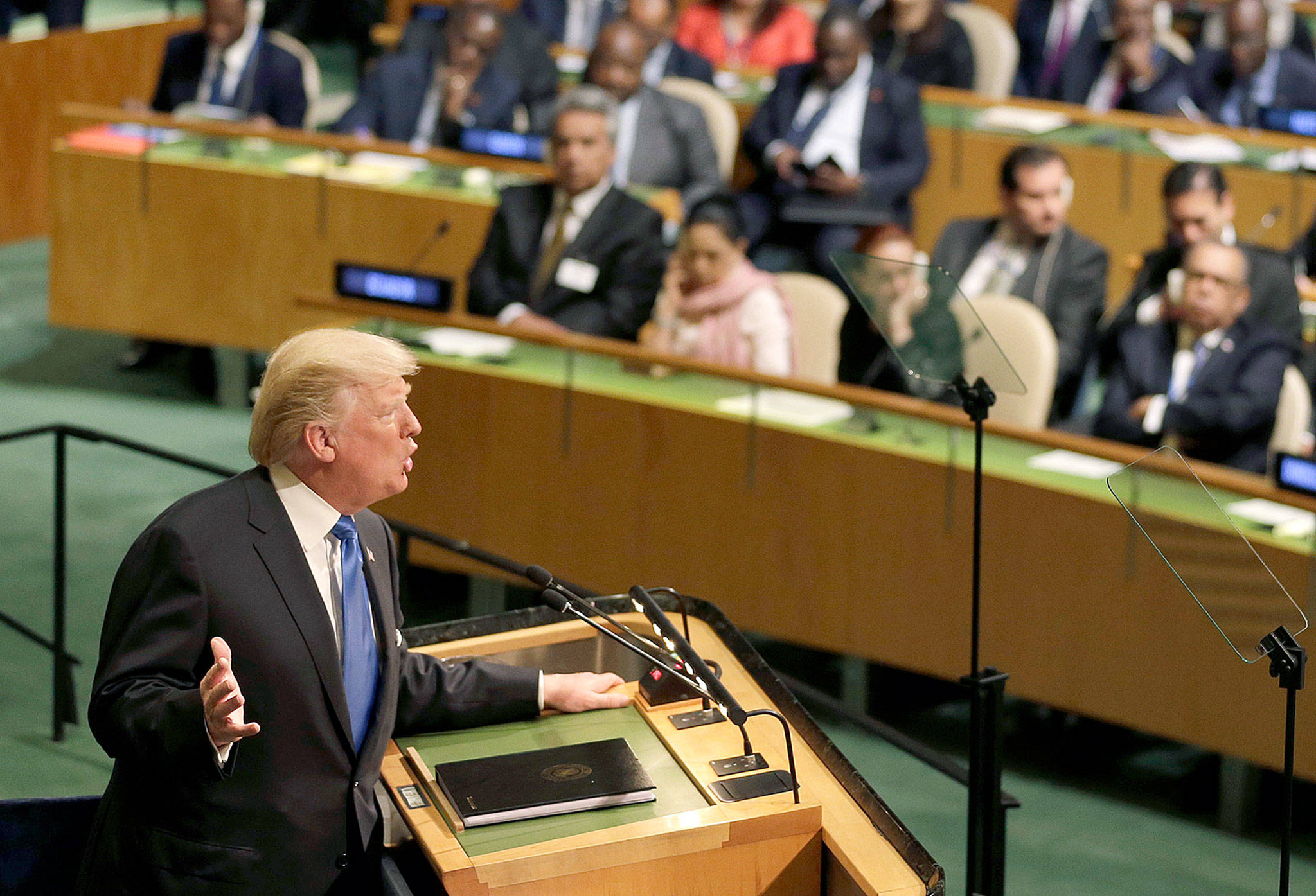 U.S. President Donald Trump speaks during the United Nations General Assembly at U.N. headquarters in New York on Tuesday. (AP Photo/Seth Wenig)