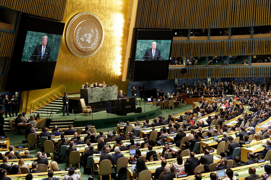U.S. President Donald Trump speaks during the United Nations General Assembly at U.N. headquarters in New York on Tuesday. (AP Photo/Seth Wenig) 
