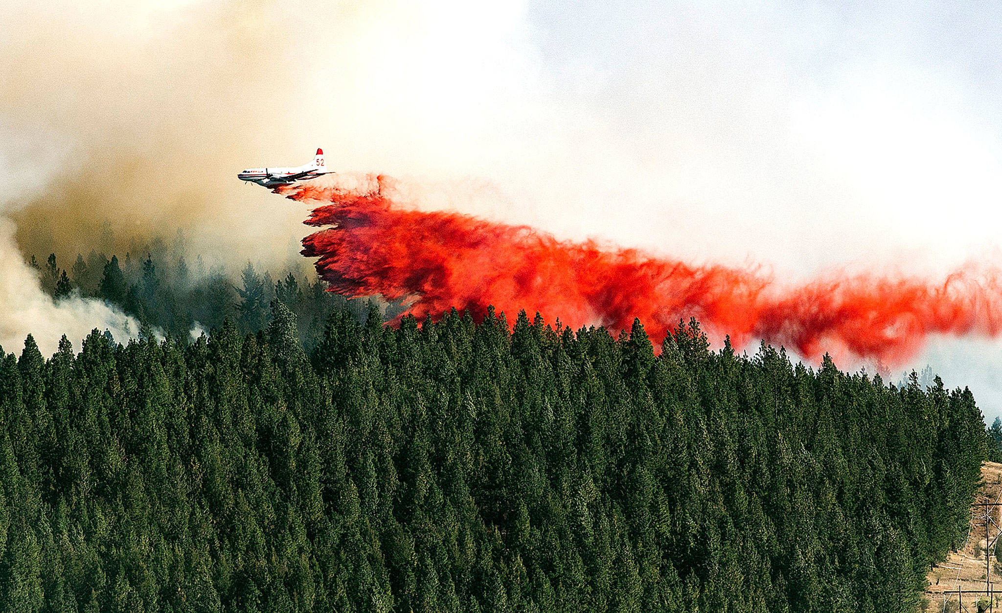 A plane drops a load of fire retardant on the north side of Beacon Hill near Spokane in August. The U.S. Forest Service and Idaho have forged agreements leading to more logging on federal land in what officials say could reduce the severity of wildfires. (Colin Mulvany/The Spokesman-Review, via AP, File)