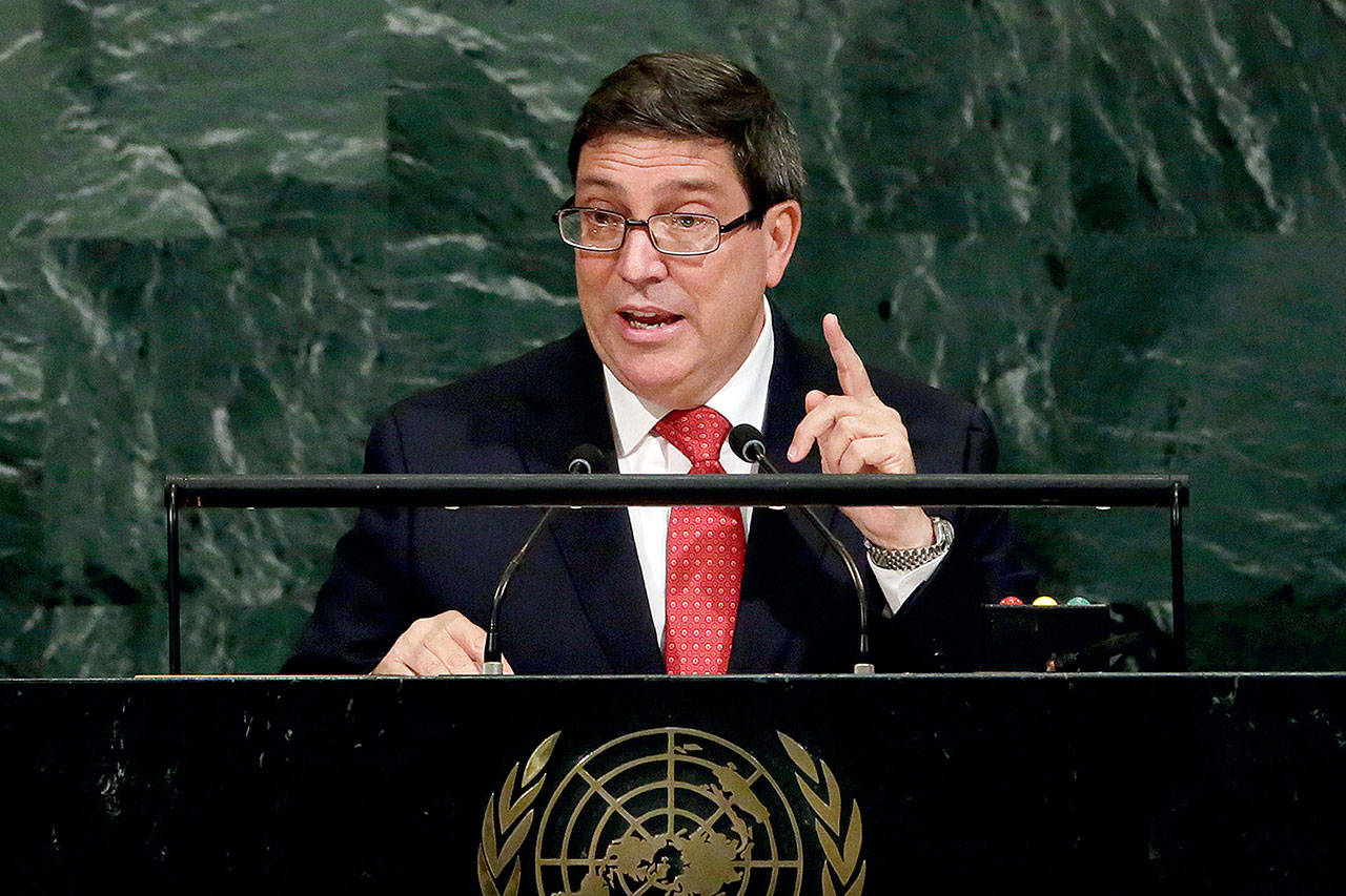 Foreign Minister Bruno Rodríguez Parrilla of Cuba addresses the United Nations General Assembly at U.N. headquarters in New York on Friday. (AP Photo/Richard Drew)