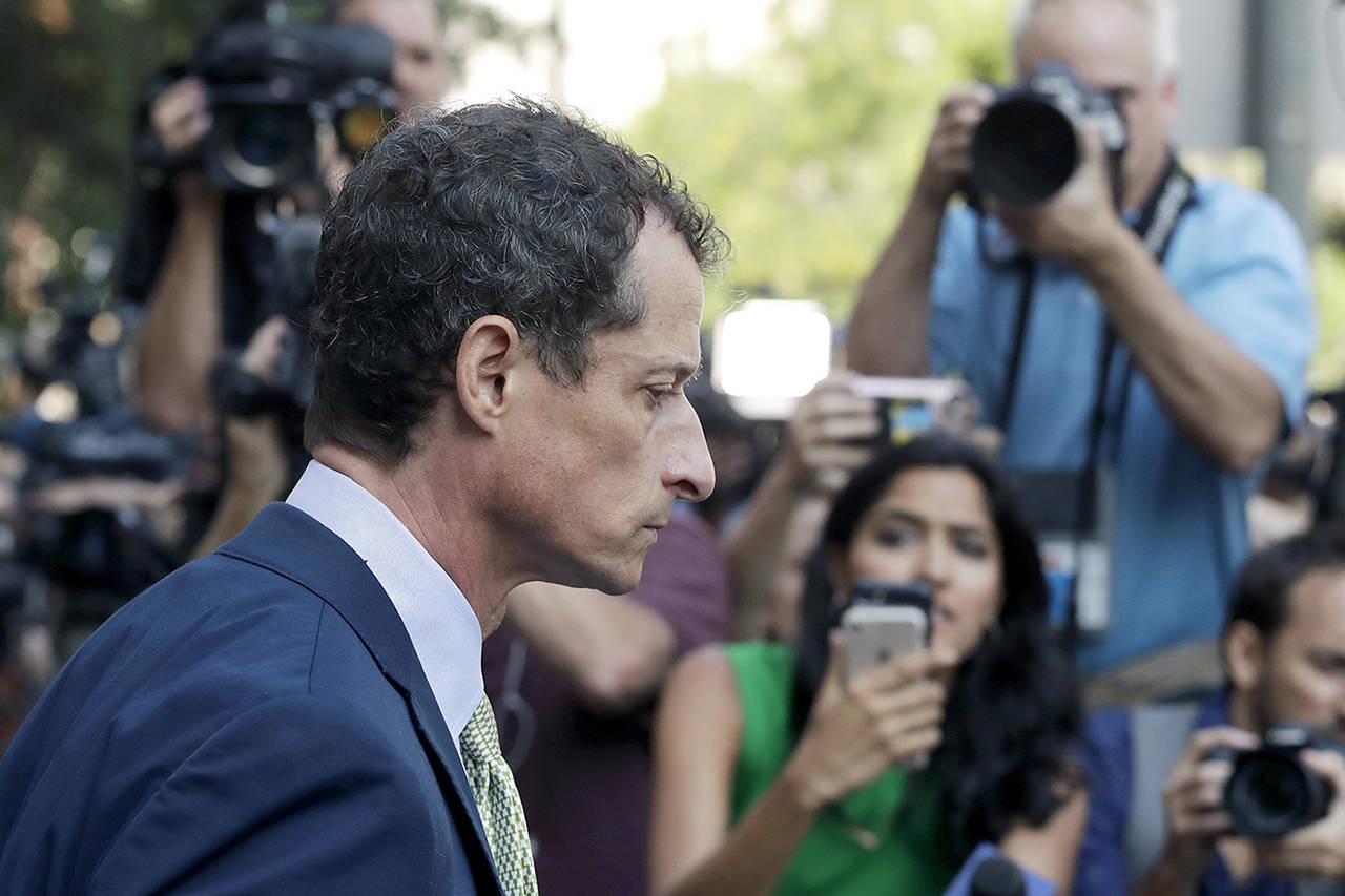 Former Congressman Anthony Weiner (D-N.Y.) leaves federal court following his sentencing Monday in New York. (AP Photo/Mark Lennihan)