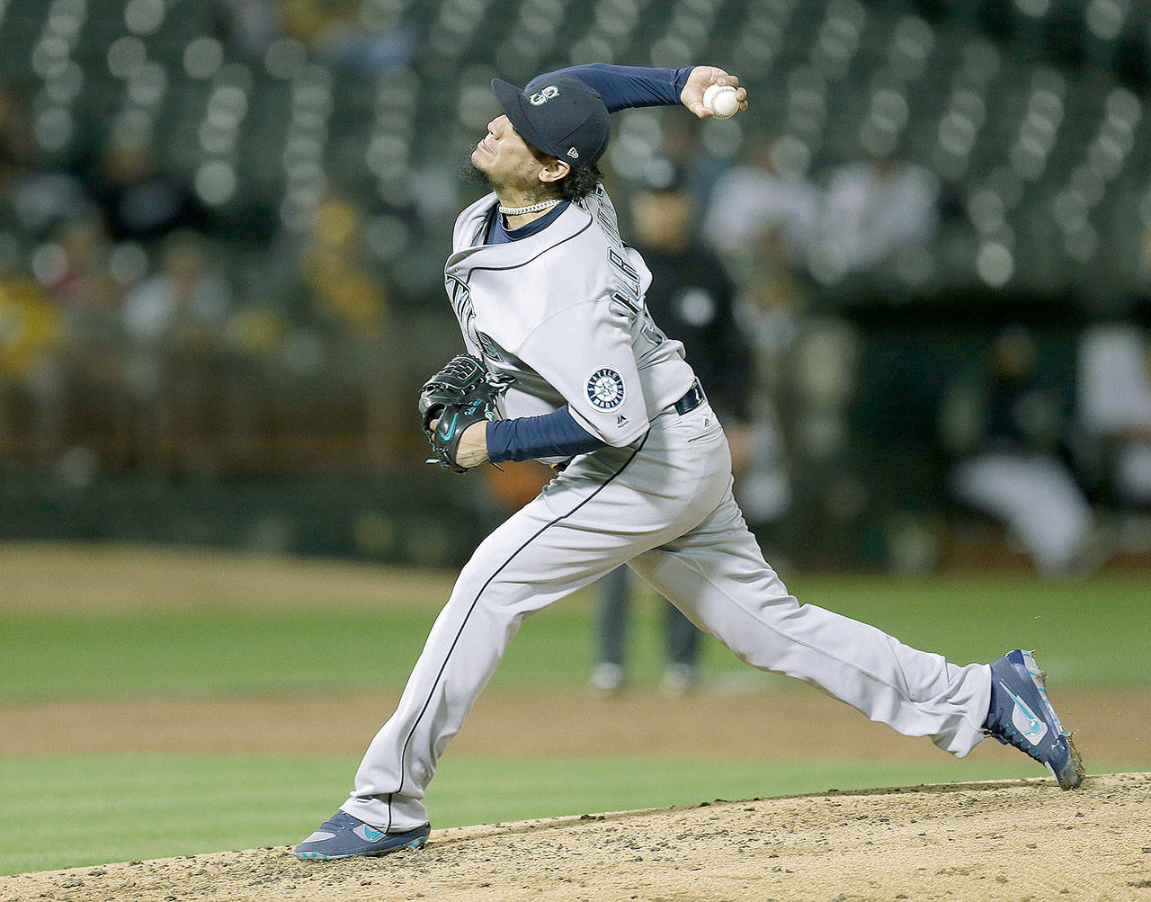 In what he said would be his final appearance of the 2017 season, Seattle’s Felix Hernandez threw six innings of two-hit ball as the Mariners thumped the Athletics 7-1 on Monday in Oakland, Calif. (AP Photo/Ben Margot)