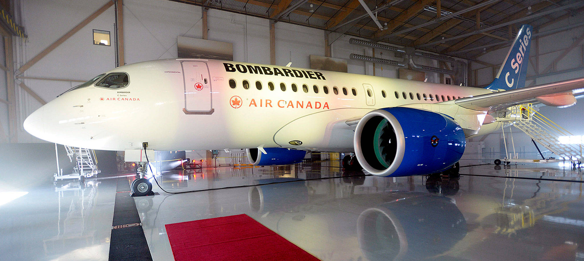 A Bombardier C Series jet in a Montreal hanger. (Paul Chiasson/The Canadian Press via AP)