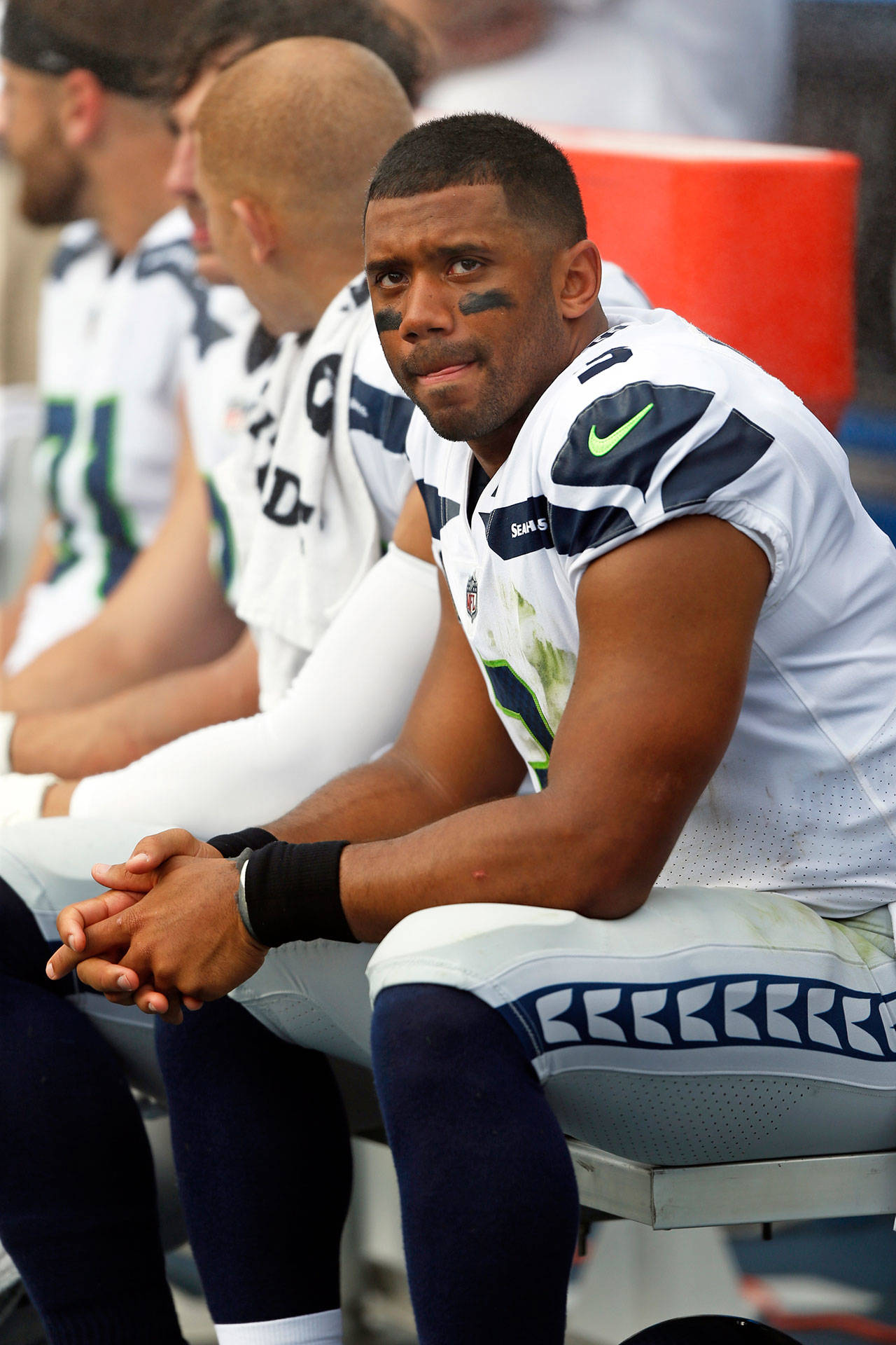 Seattle quarterback Russell Wilson (3) sits on the bench during a game against the Titans on Sept. 24, 2017, in Nashville, Tenn. (AP Photo/Wade Payne)