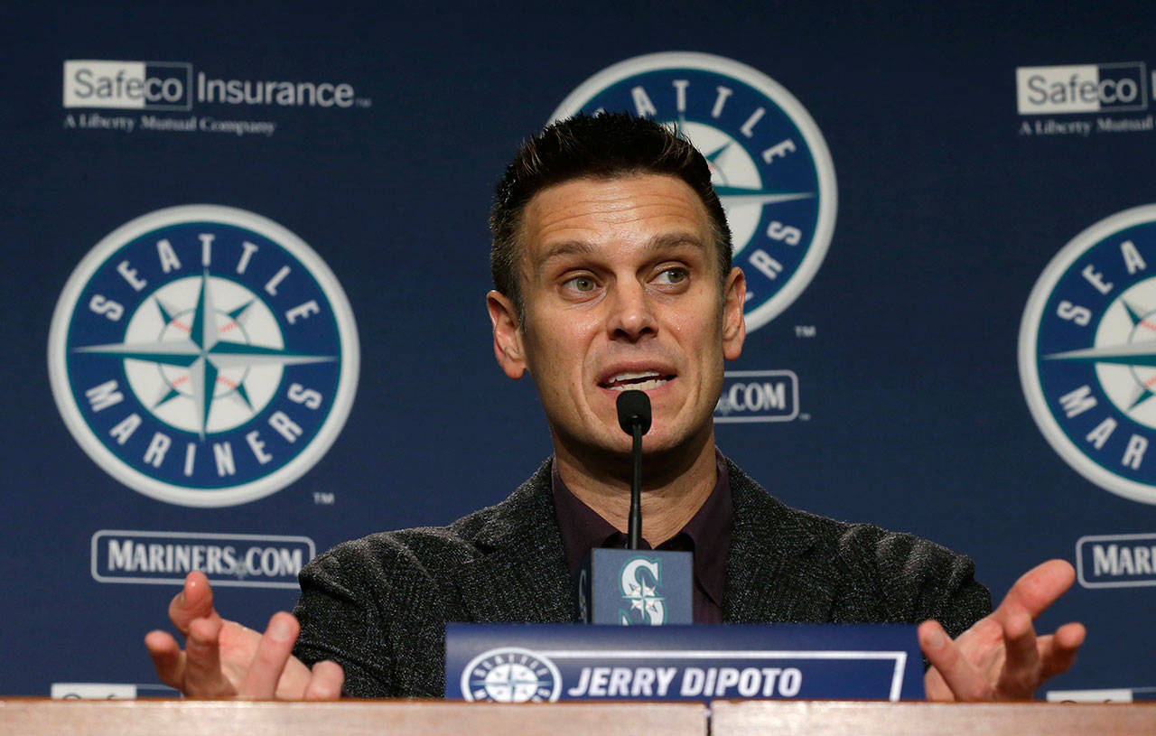 Mariners general manager Jerry Dipoto talks to reporters at the annual preseason briefing on Jan. 26, 2017 in Seattle. (AP Photo/Ted S. Warren)