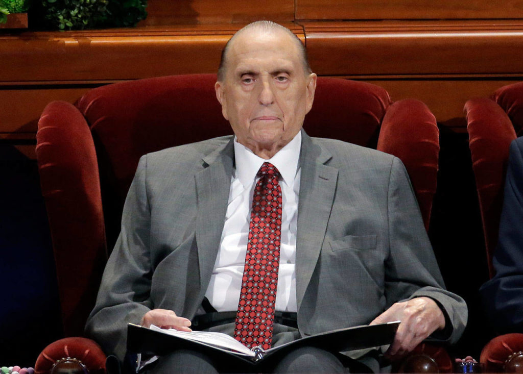 This April 1, 2017 file photo shows Thomas M. Monson, president of the Church of Jesus Christ of Latter-day Saints, at the two-day Mormon church conference in Salt Lake City. Monson won’t attend this weekend’s church conference in Salt Lake City due to his ailing health.(AP Photo/Rick Bowmer, File)
