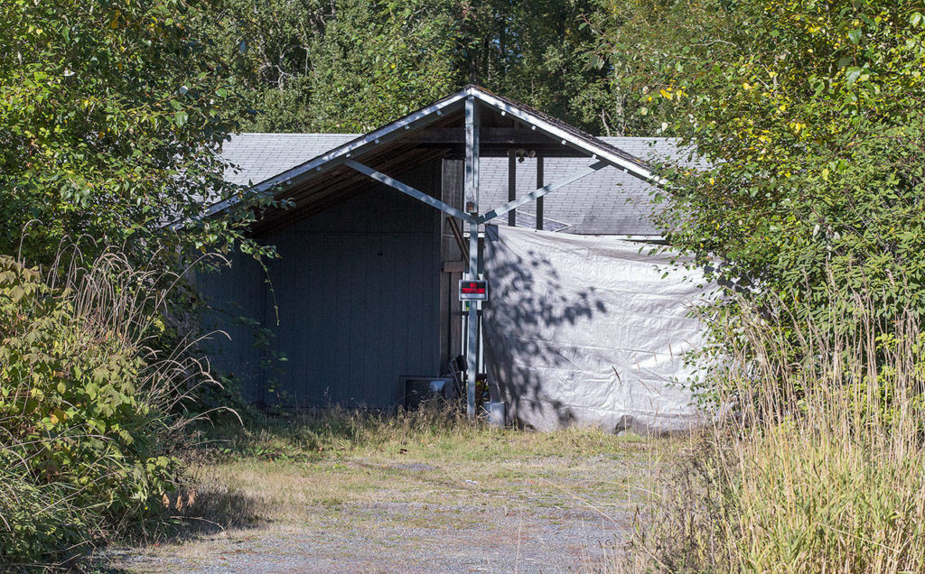 A house with tarps and “no trespassing” signs sits next to the property owned by Chris Rose, who has spent nearly a decade trying to clear up a situation festering at the vacant house on Highway 92 near Lake Stevens. (Andy Bronson / The Herald)
