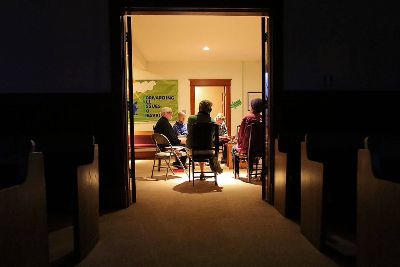 The Rev. Tom Sorenson host a night worship workshop Sunday night at The First Congregational Church of Maltby near Snohomish near September 24, 2017. (Kevin Clark / The Herald)