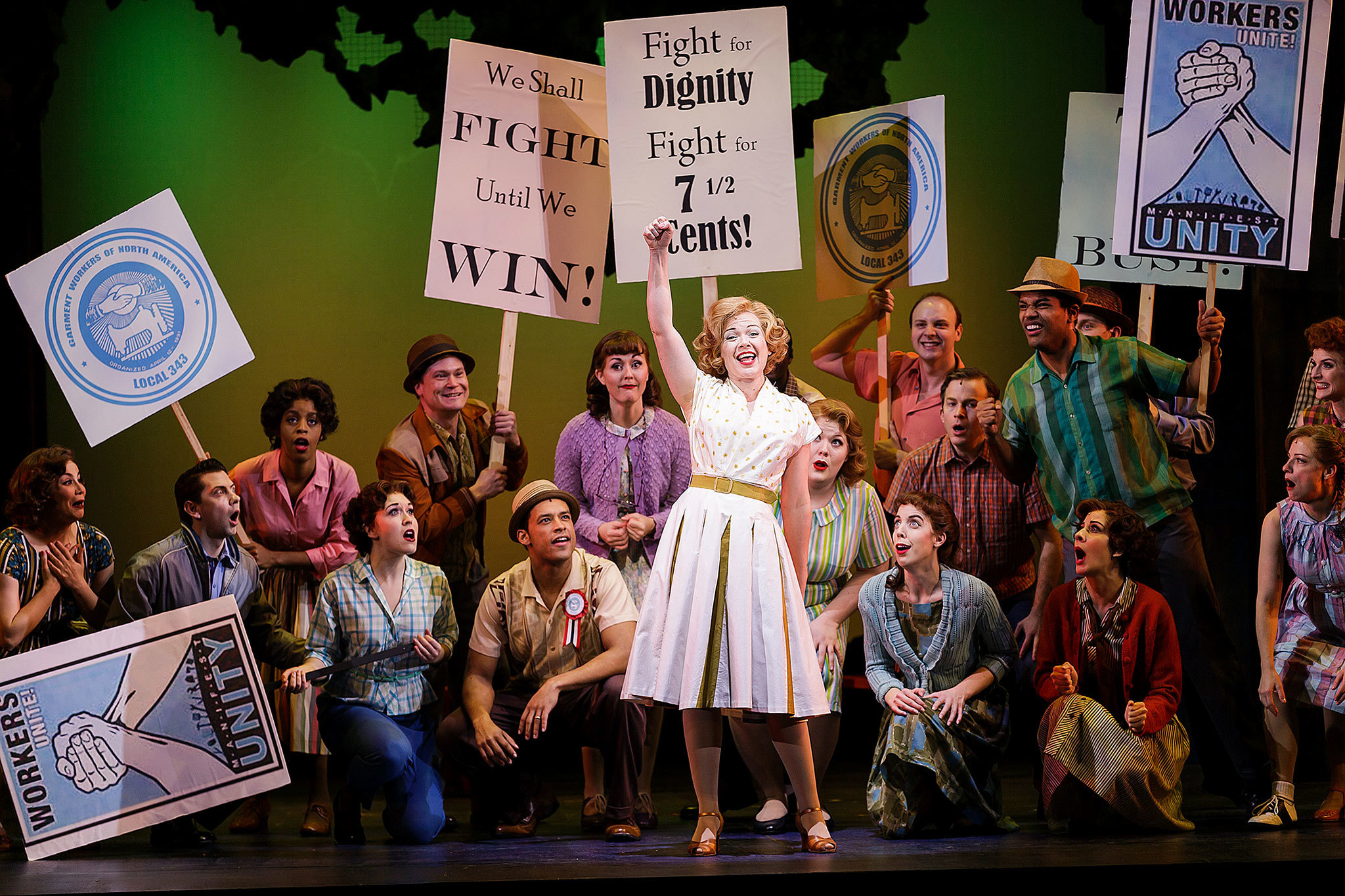 Snohomish High School alumna Billie Wildrick, center, who starred in the 5th Avenue Theatre’s “The Pajama Game,” is nominated for a Gregory award for outstanding actress. (Mark Kitaoka photo)